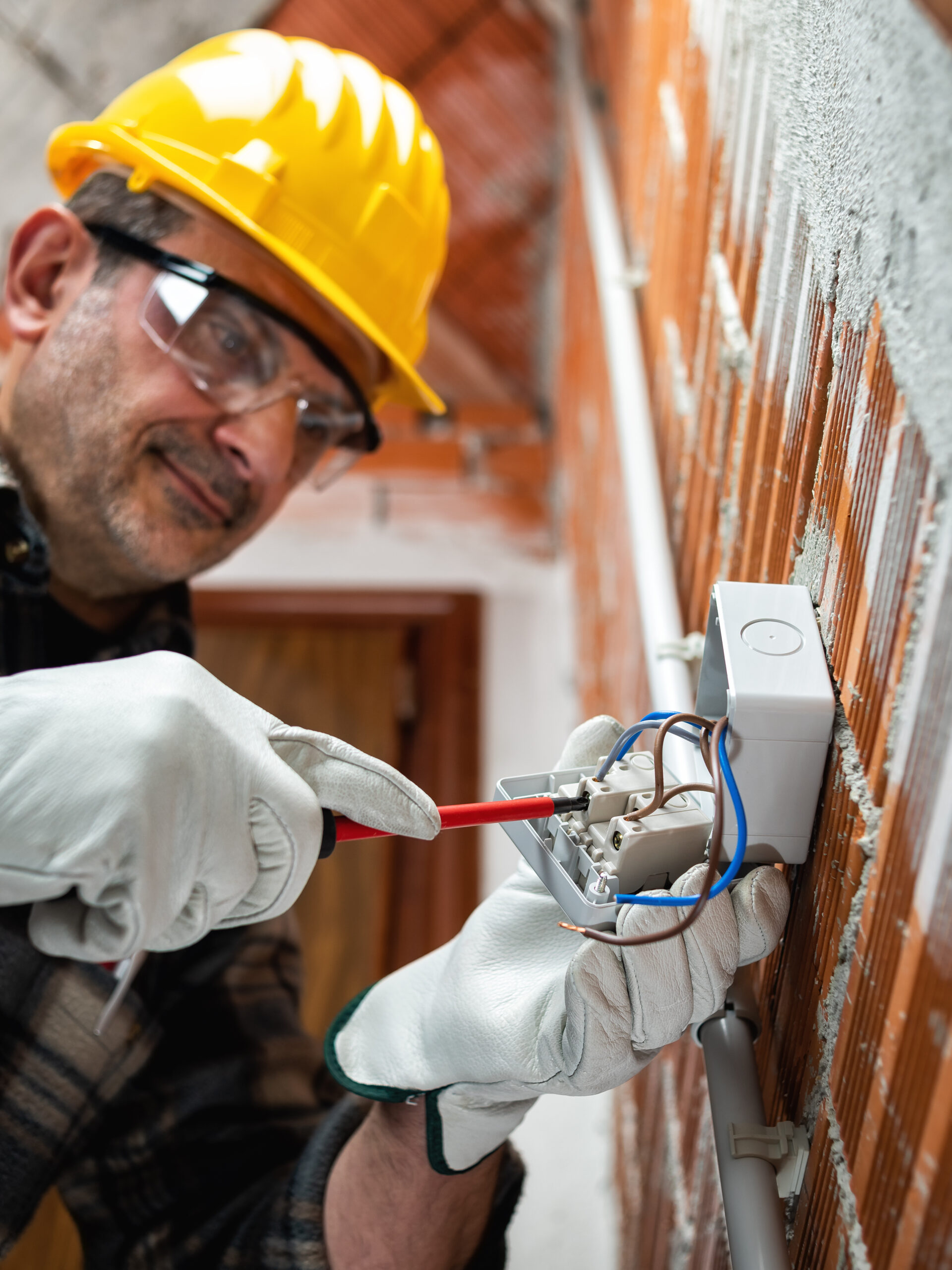 Electrician worker with a screwdriver fixes the cable in the switch of an electrical system; wear helmet, gloves and goggles. Workplace safety.