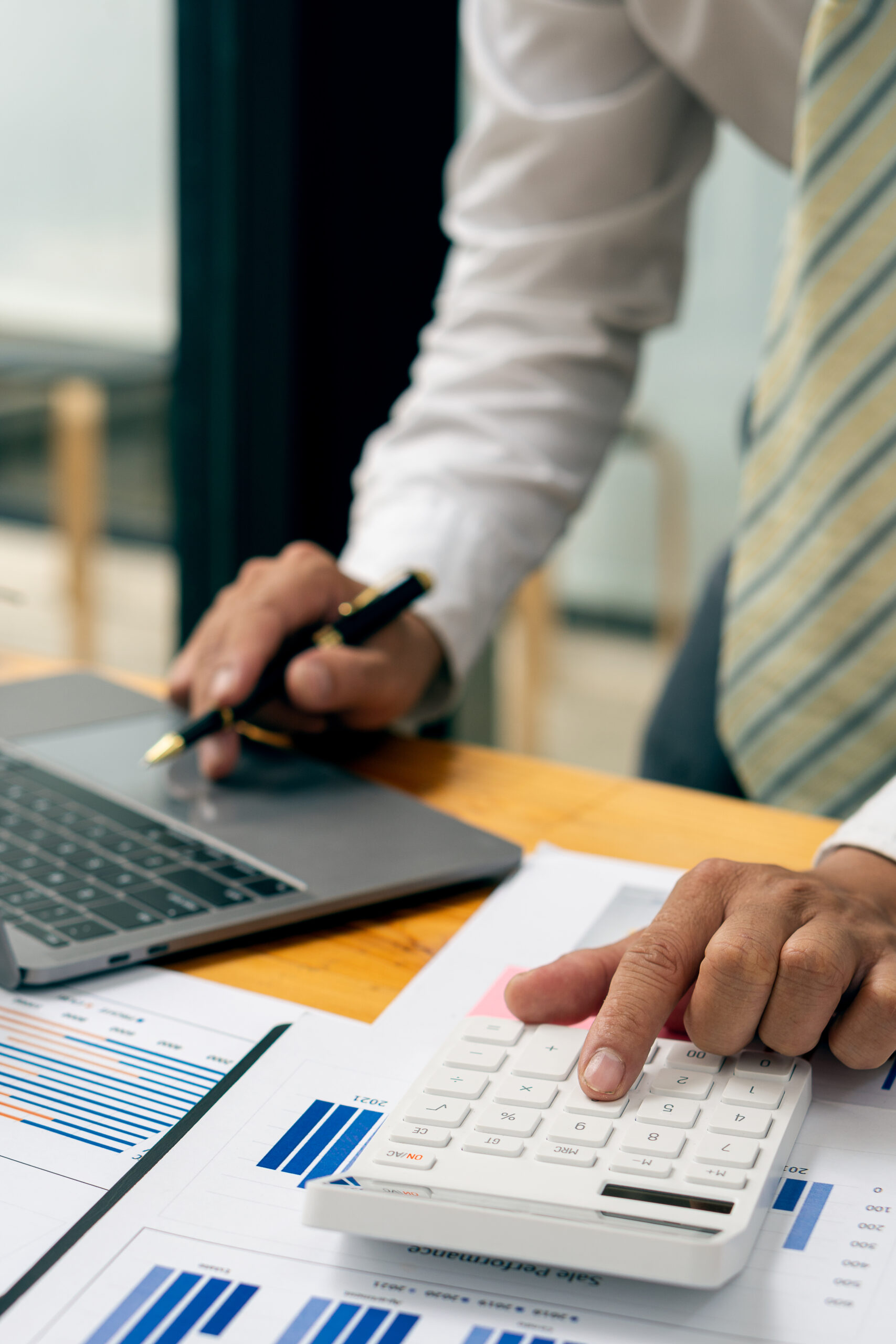 Portrait of an accountant using the calculator and holding pen i